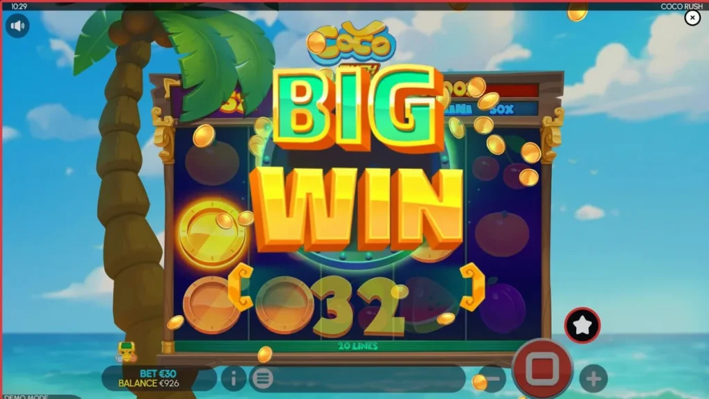 Interface vibrante do slot Coco Rush com tema de ilha tropical