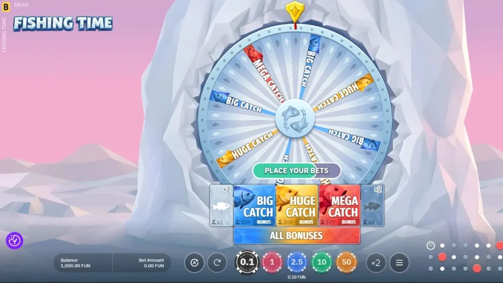 Cena de jogo de Fishing Time da BGaming, mostrando uma roda de bônus de pesca no gelo em um cenário nórdico nevado com aurora boreal e um pescador.