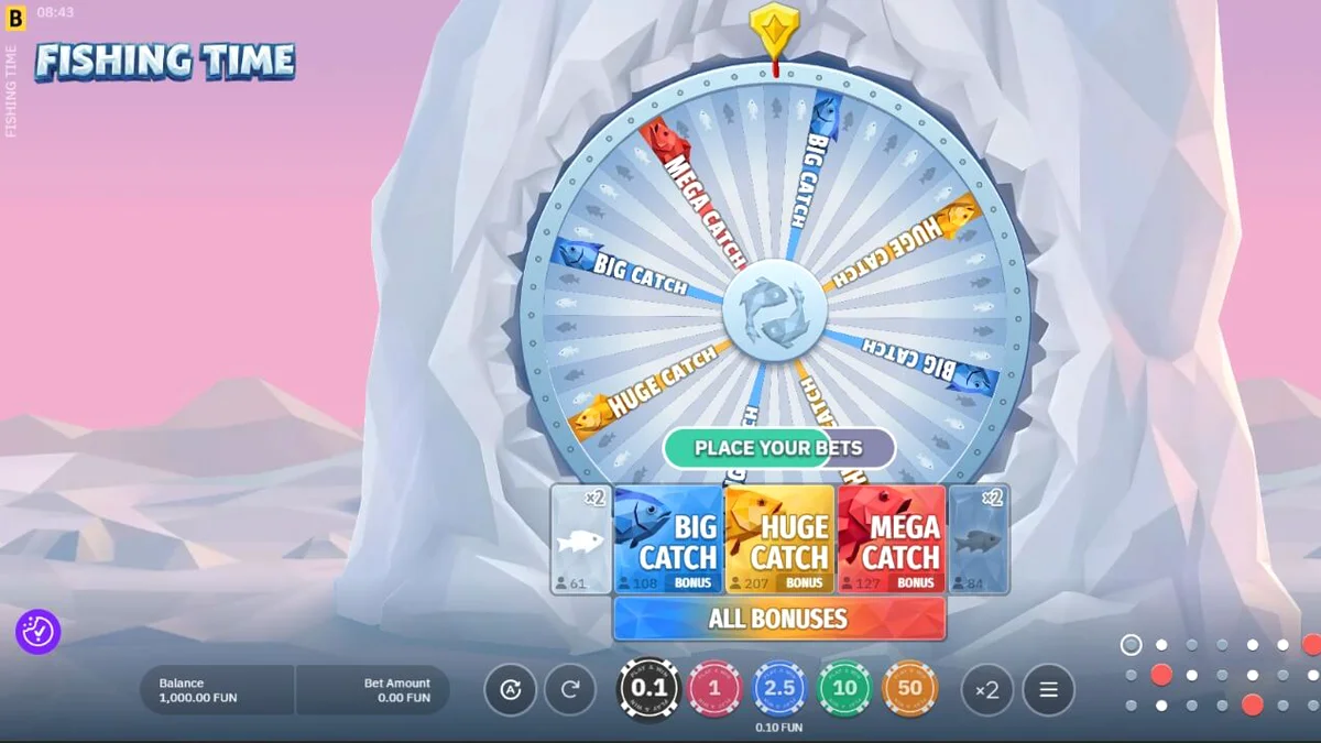 Cena de jogo de Fishing Time da BGaming, mostrando uma roda de bônus de pesca no gelo em um cenário nórdico nevado com aurora boreal e um pescador.