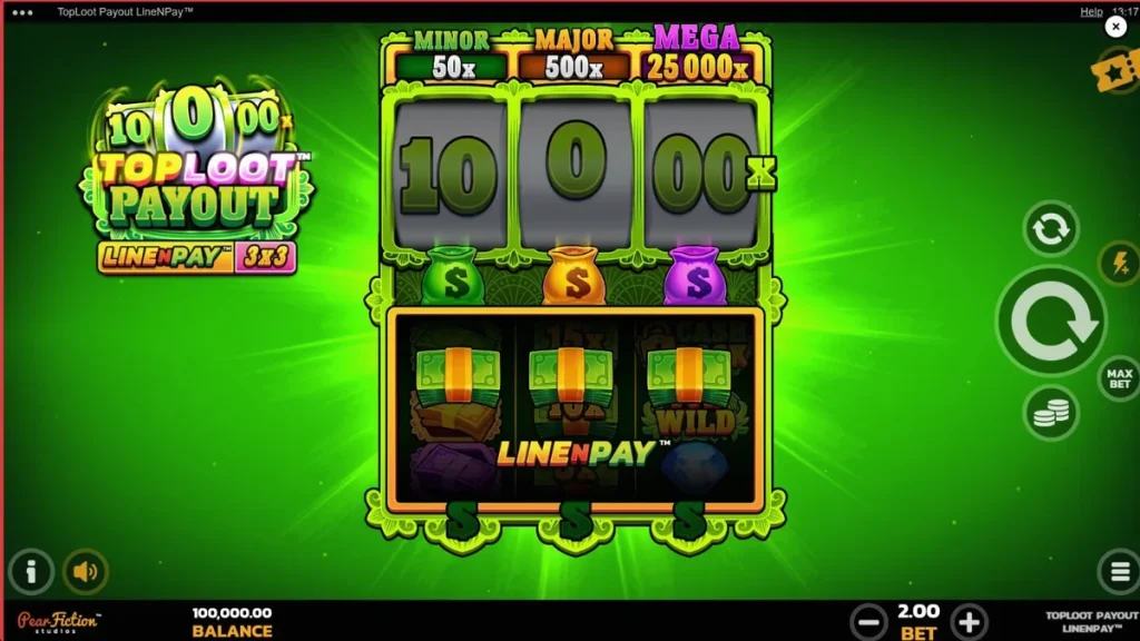 Interface do jogo de slot TopLoot Payout LineNPay com elementos de tesouro e cofres.