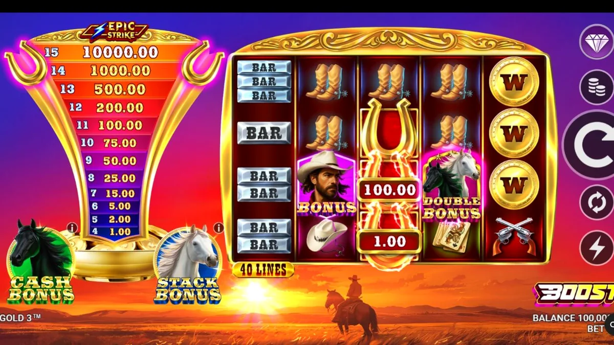 Interface do jogo Western Gold 3 com elementos de faroeste e ferraduras douradas